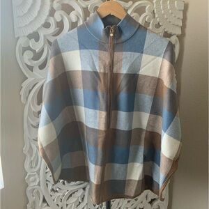 Tahari Anthropologie light blue brown plaid poncho jacket Size S/M